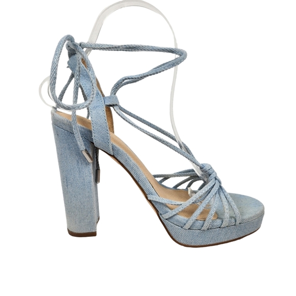 Olivia Ferragamo Hoover Blue Denim Fabric Lace Up Block Heels Women's Size 6.5 - Picture 6 of 13